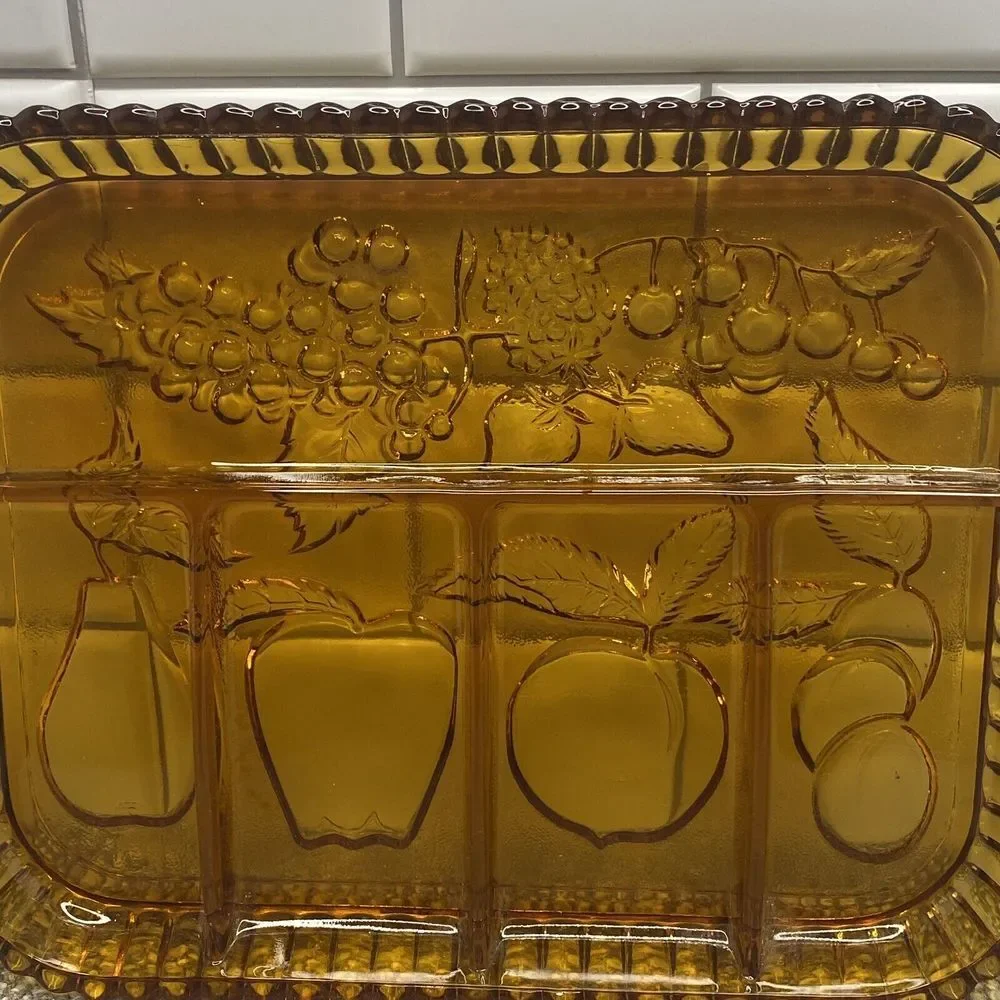 Vintage Glass Amber Fruit Platter Charcuterie Tray‎ Handles